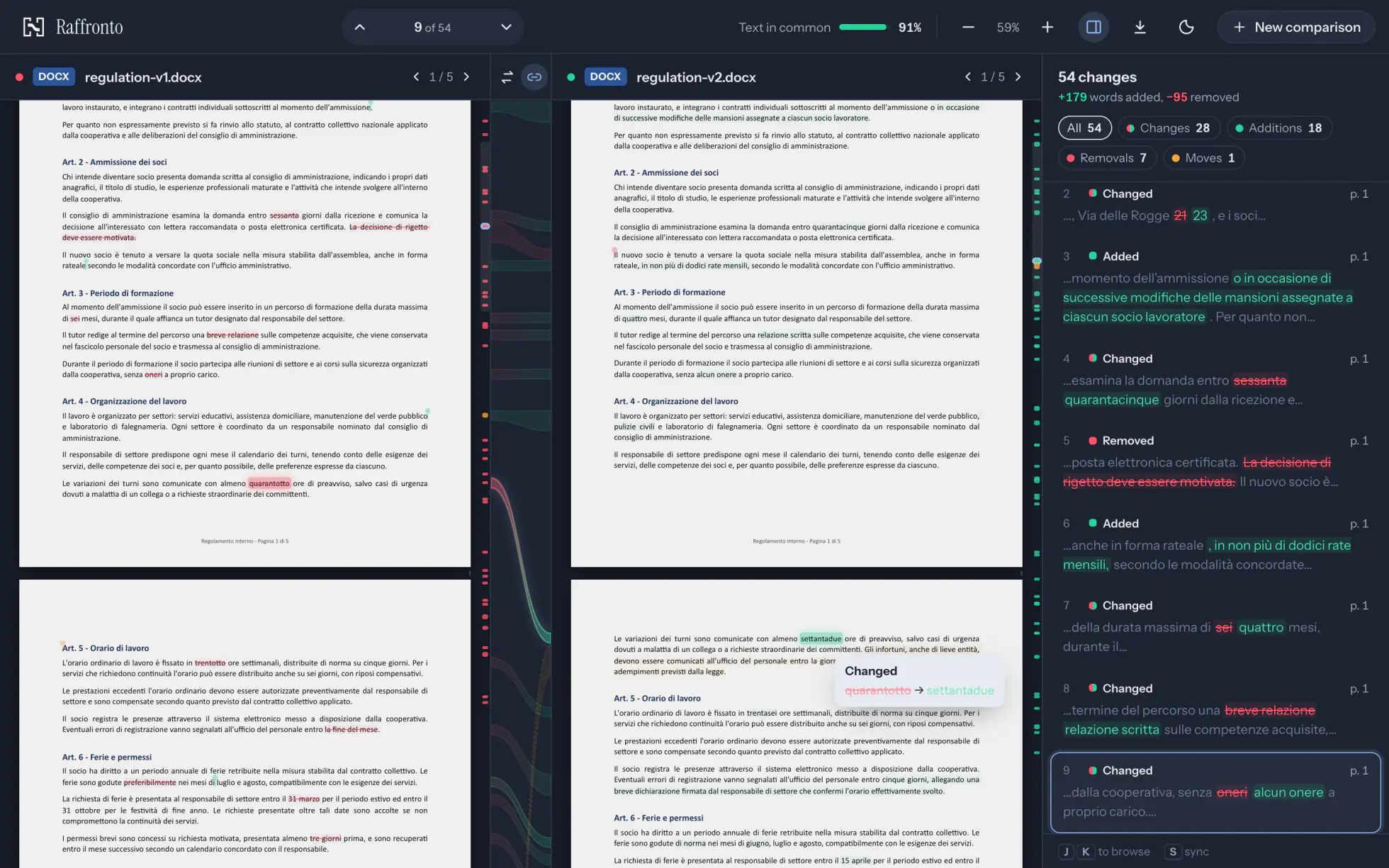 Raffronto comparing two versions of a set of rules: the pages side by side, coloured ribbons linking each change, the list of changes on the right.