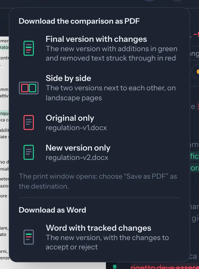 The download menu: final version with changes, side by side, original only, new version only, Word with tracked changes.