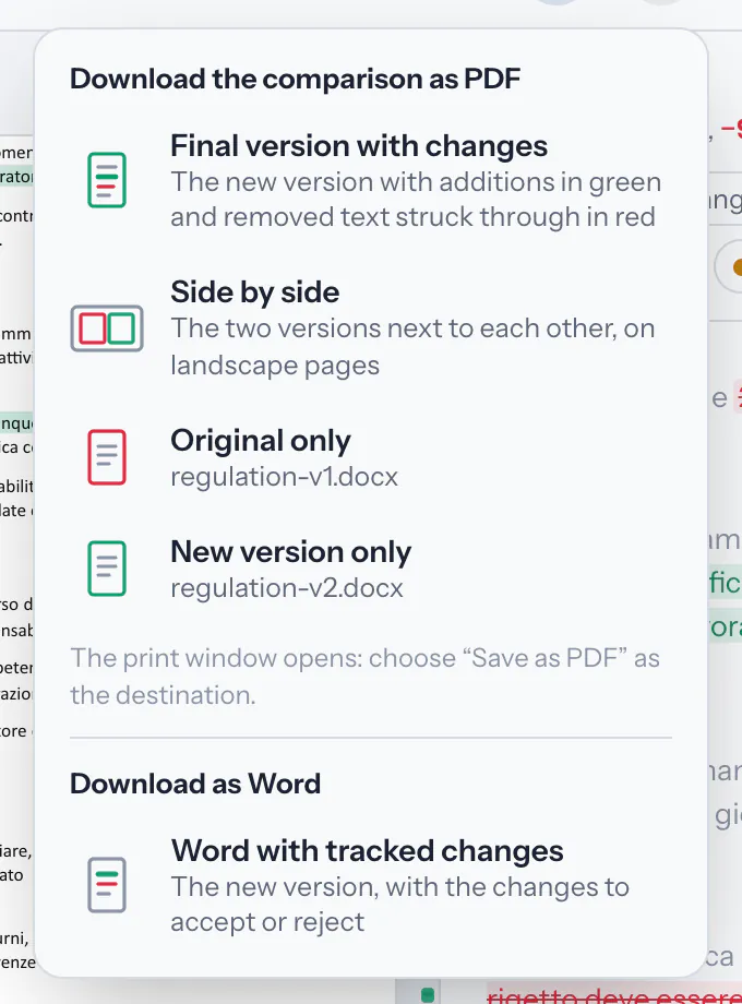 The download menu: final version with changes, side by side, original only, new version only, Word with tracked changes.
