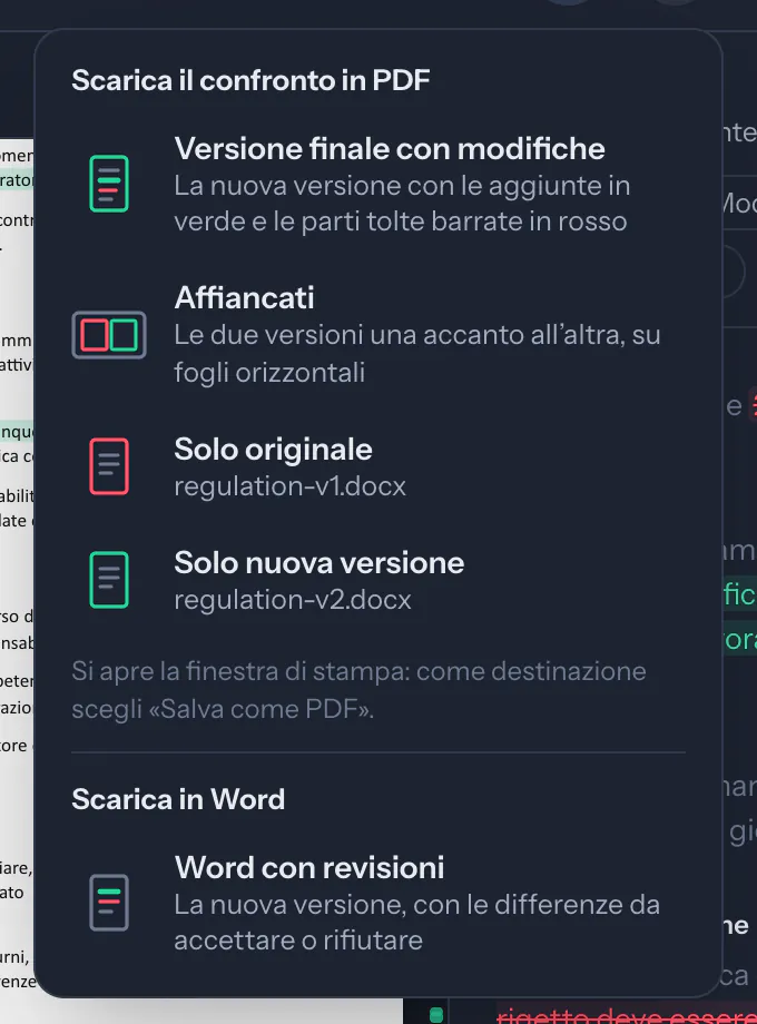 Il menu Scarica: versione finale con modifiche, affiancati, solo originale, solo nuova versione, Word con revisioni.