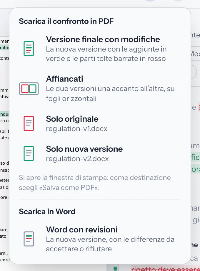 Il menu Scarica: versione finale con modifiche, affiancati, solo originale, solo nuova versione, Word con revisioni.
