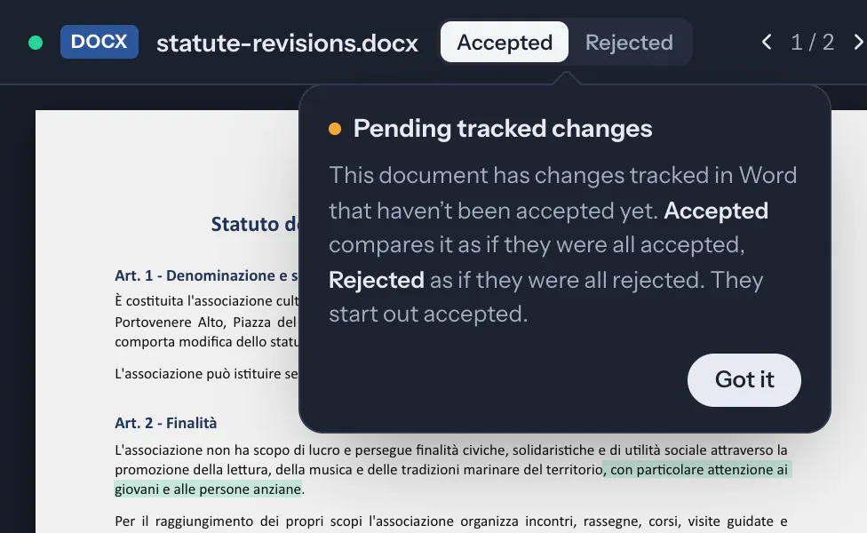The switch between accepted and rejected tracked changes, with its explanation.