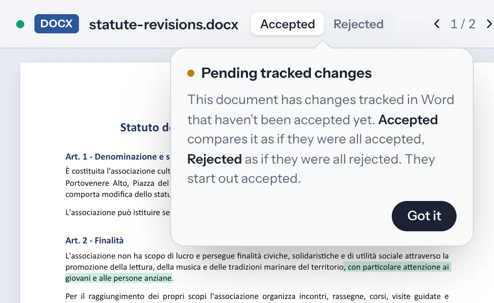 The switch between accepted and rejected tracked changes, with its explanation.