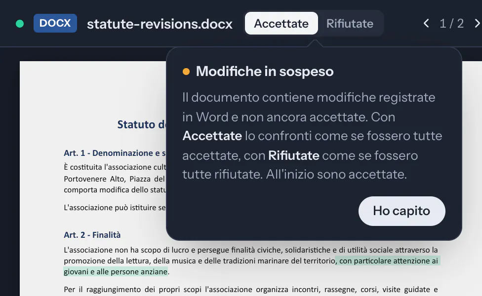 Il selettore tra revisioni accettate e rifiutate, con la sua spiegazione.