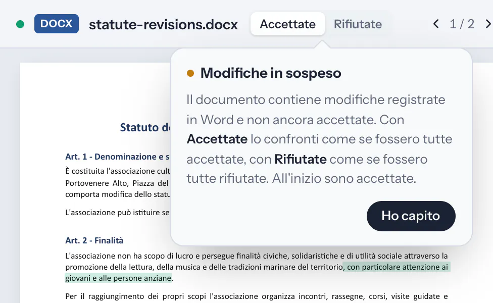 Il selettore tra revisioni accettate e rifiutate, con la sua spiegazione.