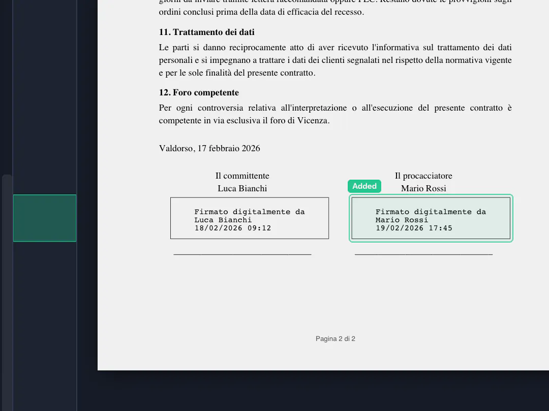 A digital signature added in the new version, marked as added and linked to the other version.